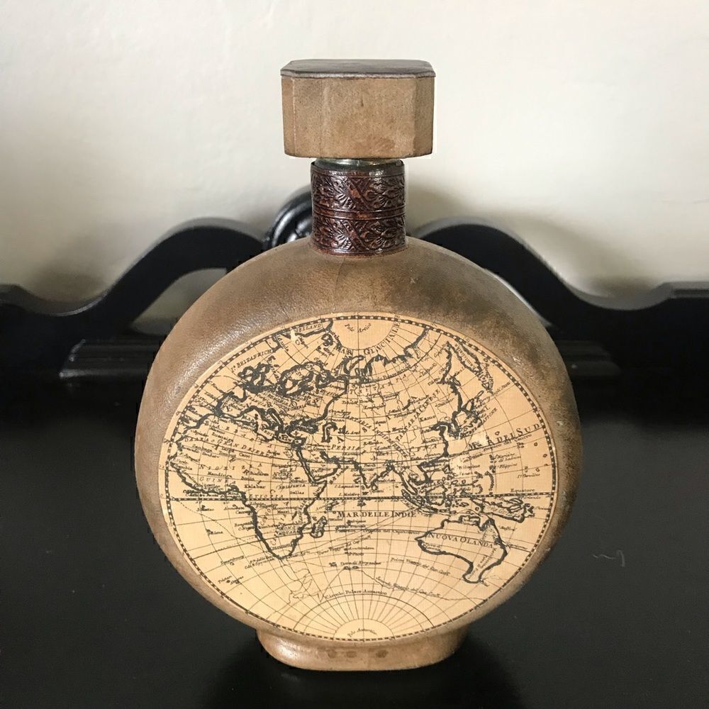 VTG Glass Bottle in Leather Case - Map Design Made in Italy